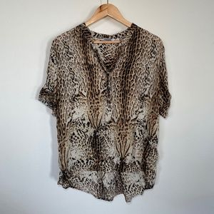 New Direction Blouse Women's LG Tan Black Animal Print Casual Lightweight